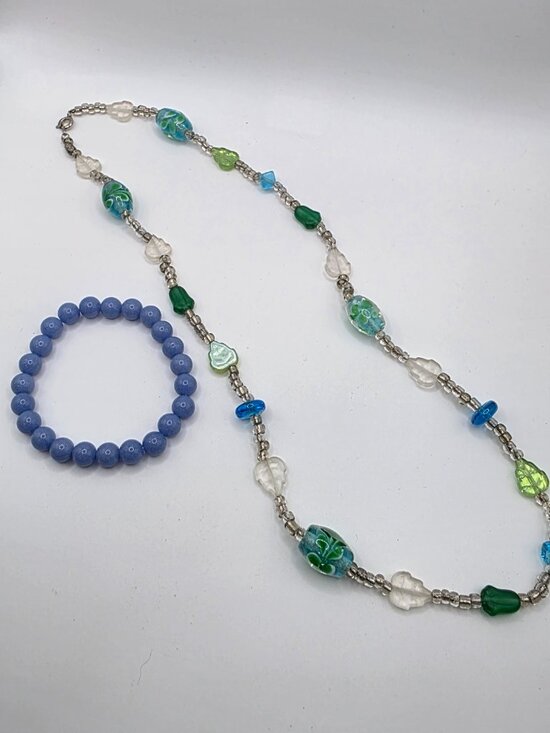 Jewelry - Blue Green Glass Bead Necklace & Glow in the Dark Bracelet Set